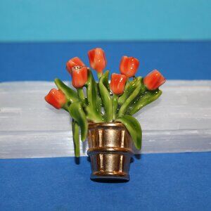 Vintage Pink Enamel Tulips in Gold Tone Bucket Spring Brooch Pin